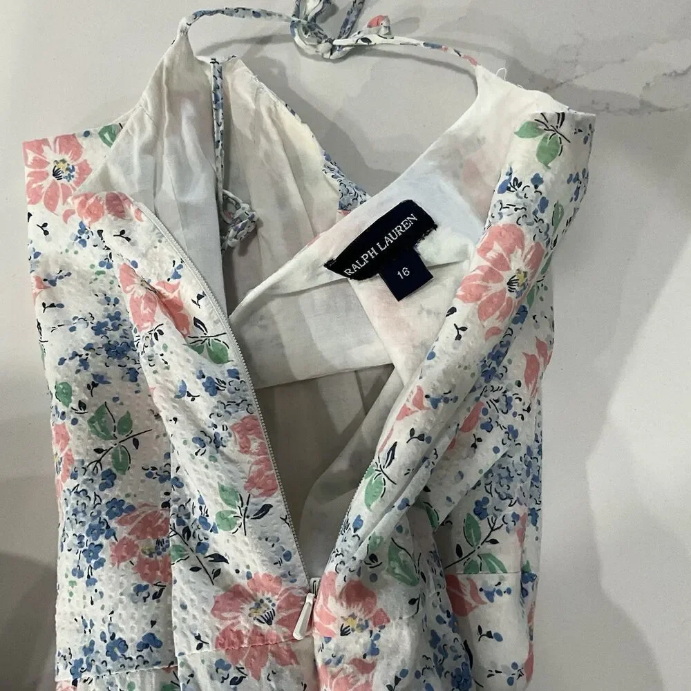 Ralph Lauren Girls Pink & Blue Floral Sleeveless White Spring Dress 16 XL